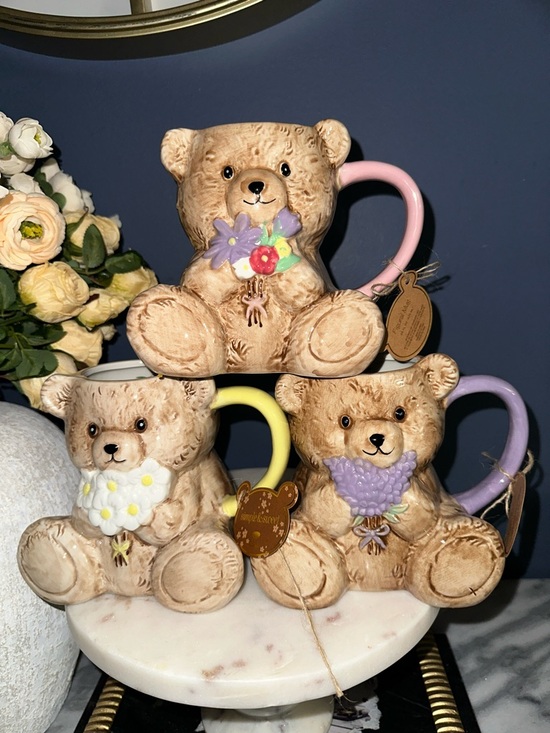 Other - Ceramic Teddy Bear Mug Set - Pastel Handle Floral Accents